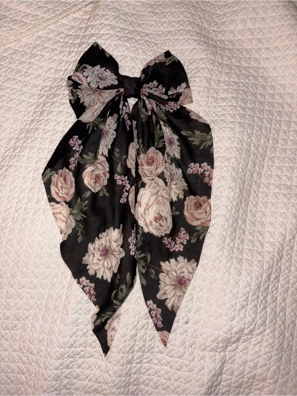 Floral Black Bow Hair Scarf - Elegant Pink Rose Print